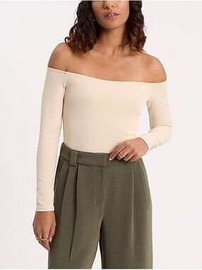 Express Off-Shoulder Long Sleeve Bodysuit in Cream